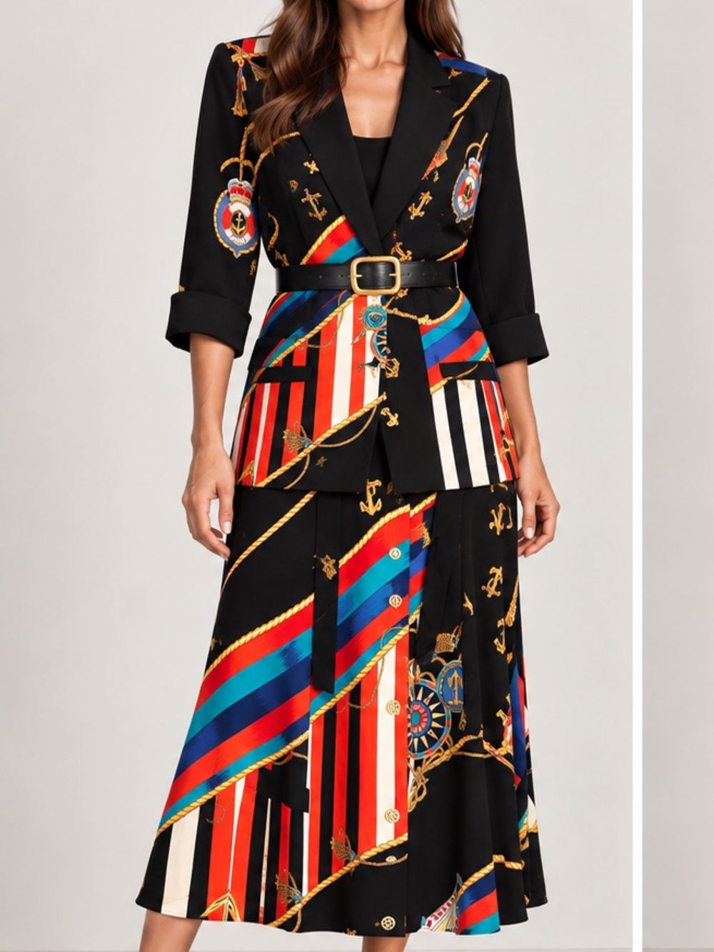 RARE Vintage Carole Little Jacket and Skirt Set Multi-Color Nautical Print Midi